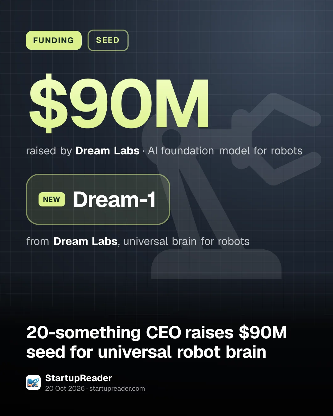 FUNDING. $90M raised by Dream Labs, AI foundation model for robots. Dream-1 from Dream Labs, universal brain for robots.