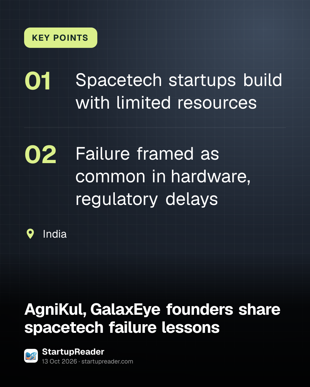 KEY POINTS. Spacetech startups build with limited resources; Failure framed as common in hardware, regulatory delays. India.