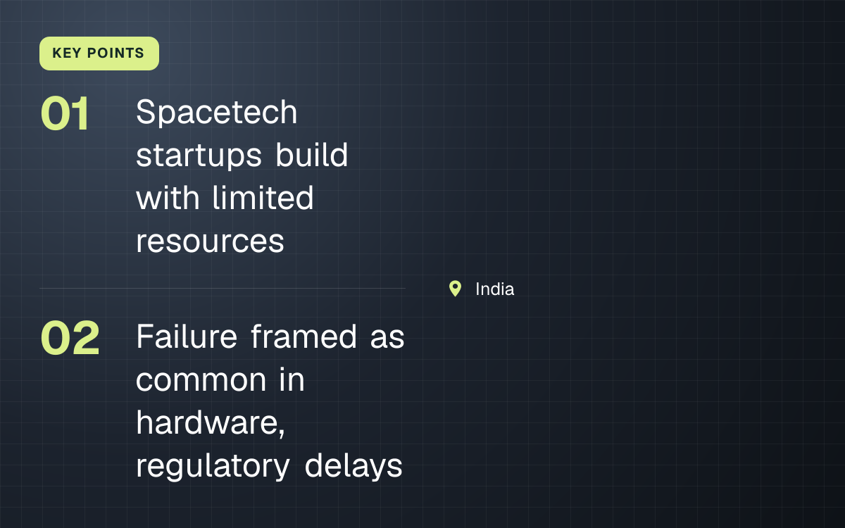 KEY POINTS. Spacetech startups build with limited resources; Failure framed as common in hardware, regulatory delays. India.