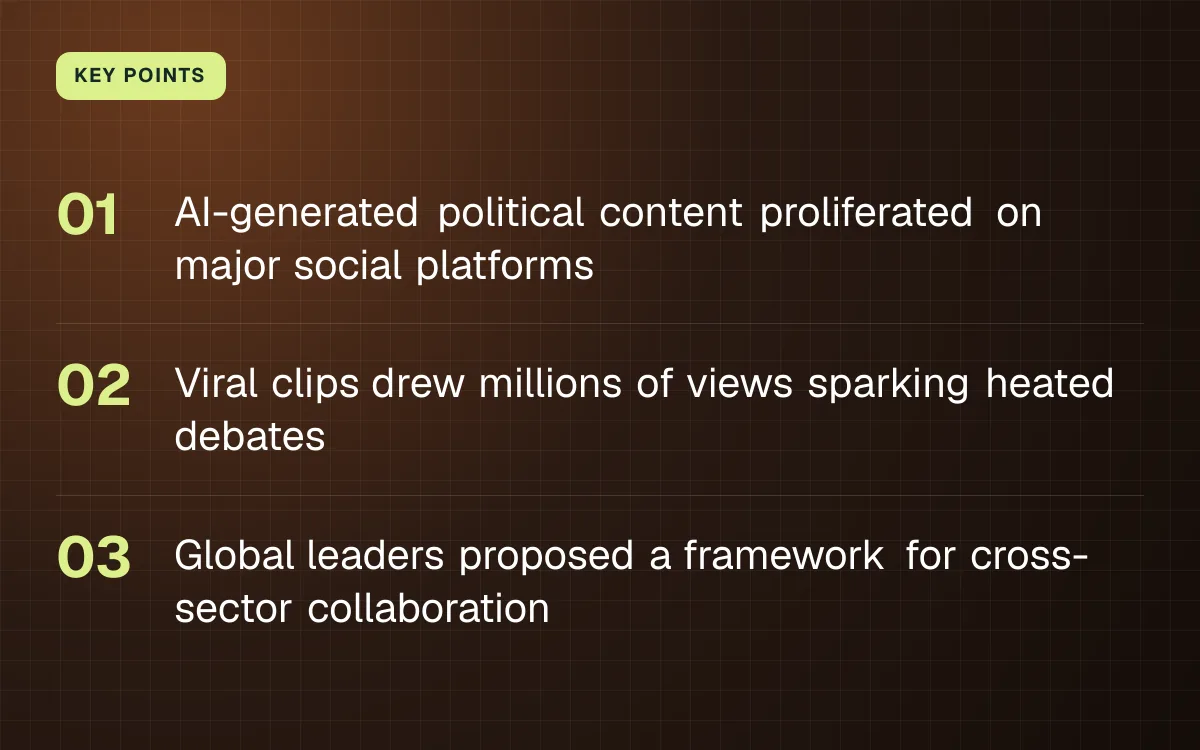 KEY POINTS. AI-generated political content proliferated on major social platforms; Viral clips drew millions of views sparking heated debates; Global leaders proposed a framework for cross-sector collaboration.