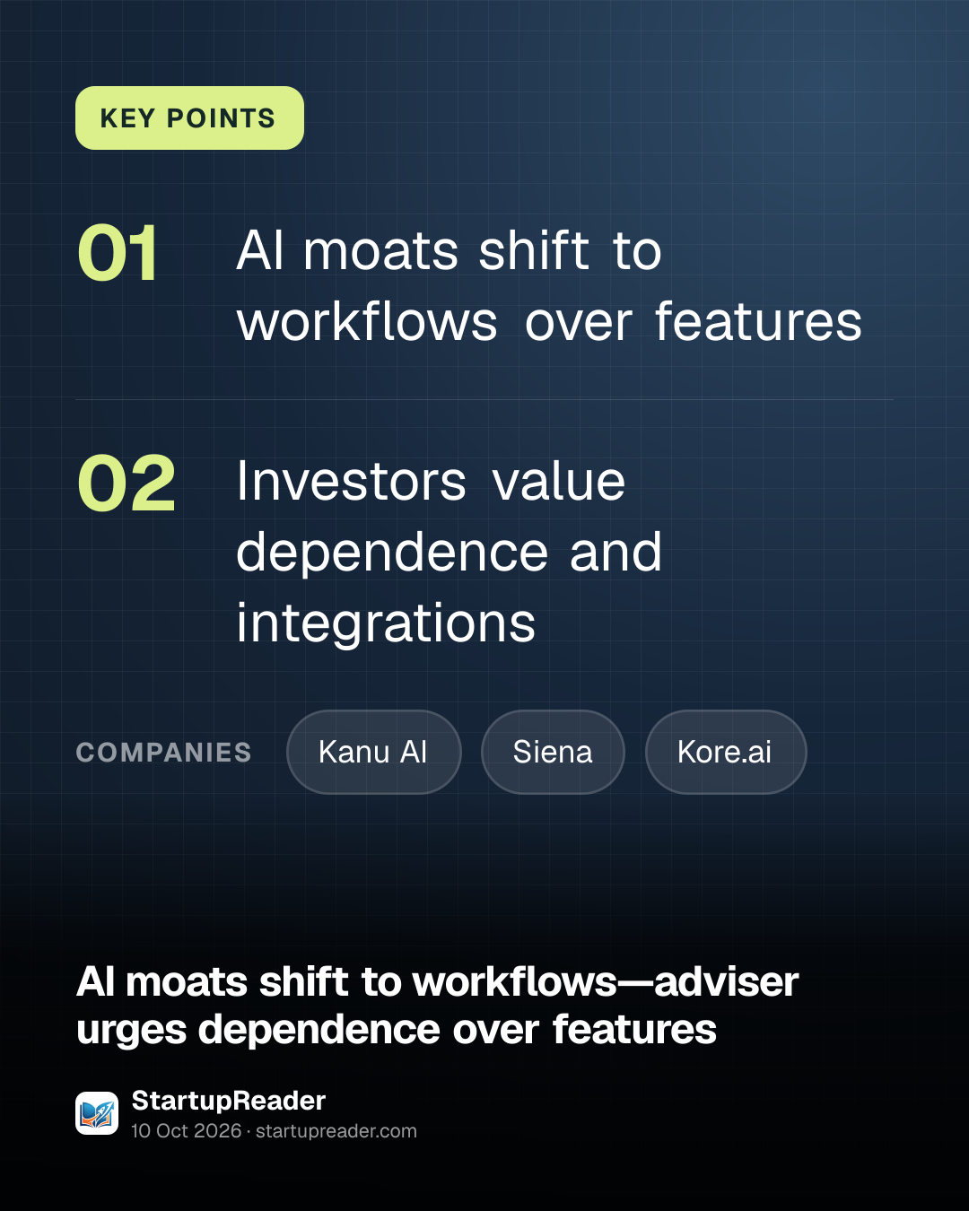 KEY POINTS. AI moats shift to workflows over features; Investors value dependence and integrations. companies: Kanu AI, Siena, Kore.ai.