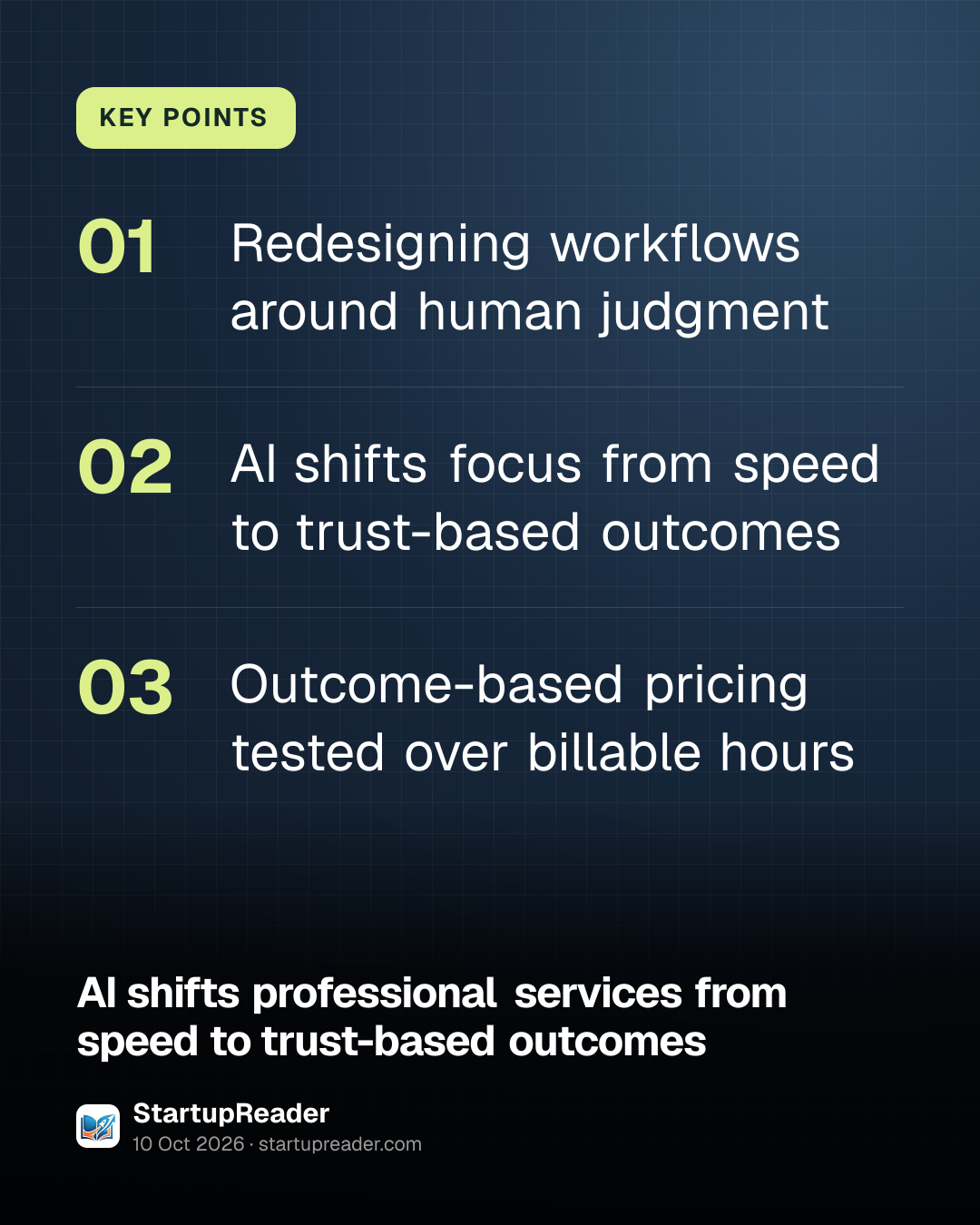 KEY POINTS. Redesigning workflows around human judgment; AI shifts focus from speed to trust-based outcomes; Outcome-based pricing tested over billable hours.