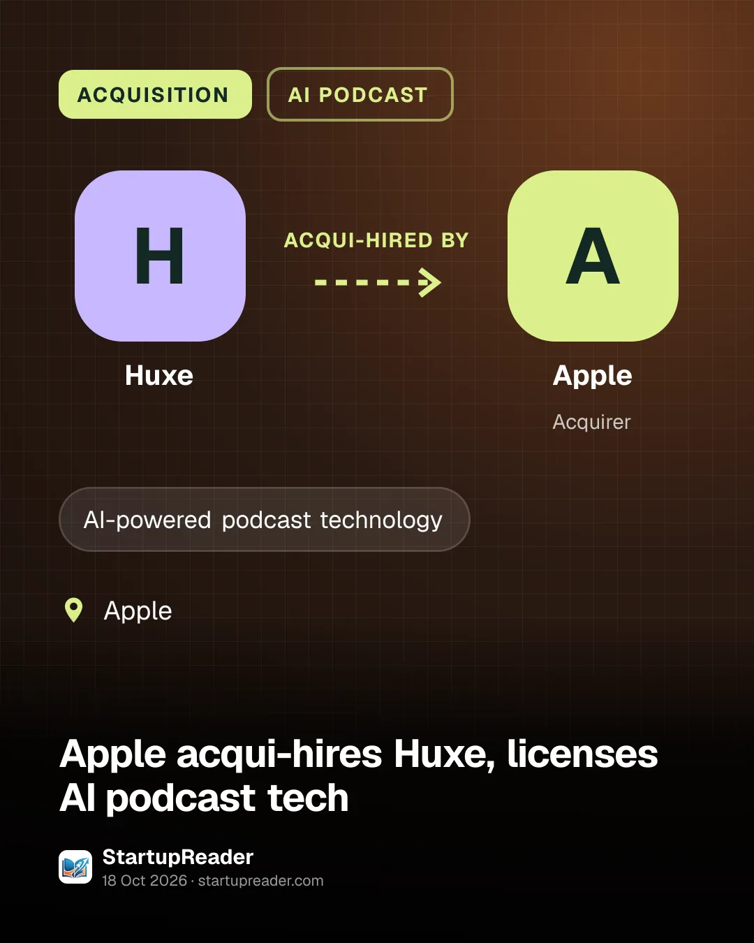 ACQUISITION. Huxe acqui-hired by Apple. Apple.