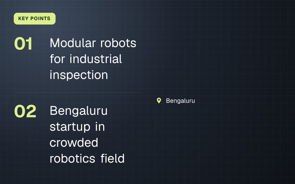 KEY POINTS. Modular robots for industrial inspection; Bengaluru startup in crowded robotics field. Bengaluru.