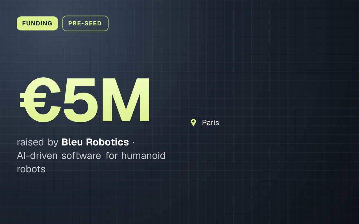 FUNDING. €5M raised by Bleu Robotics, AI-driven software for humanoid robots. Paris.