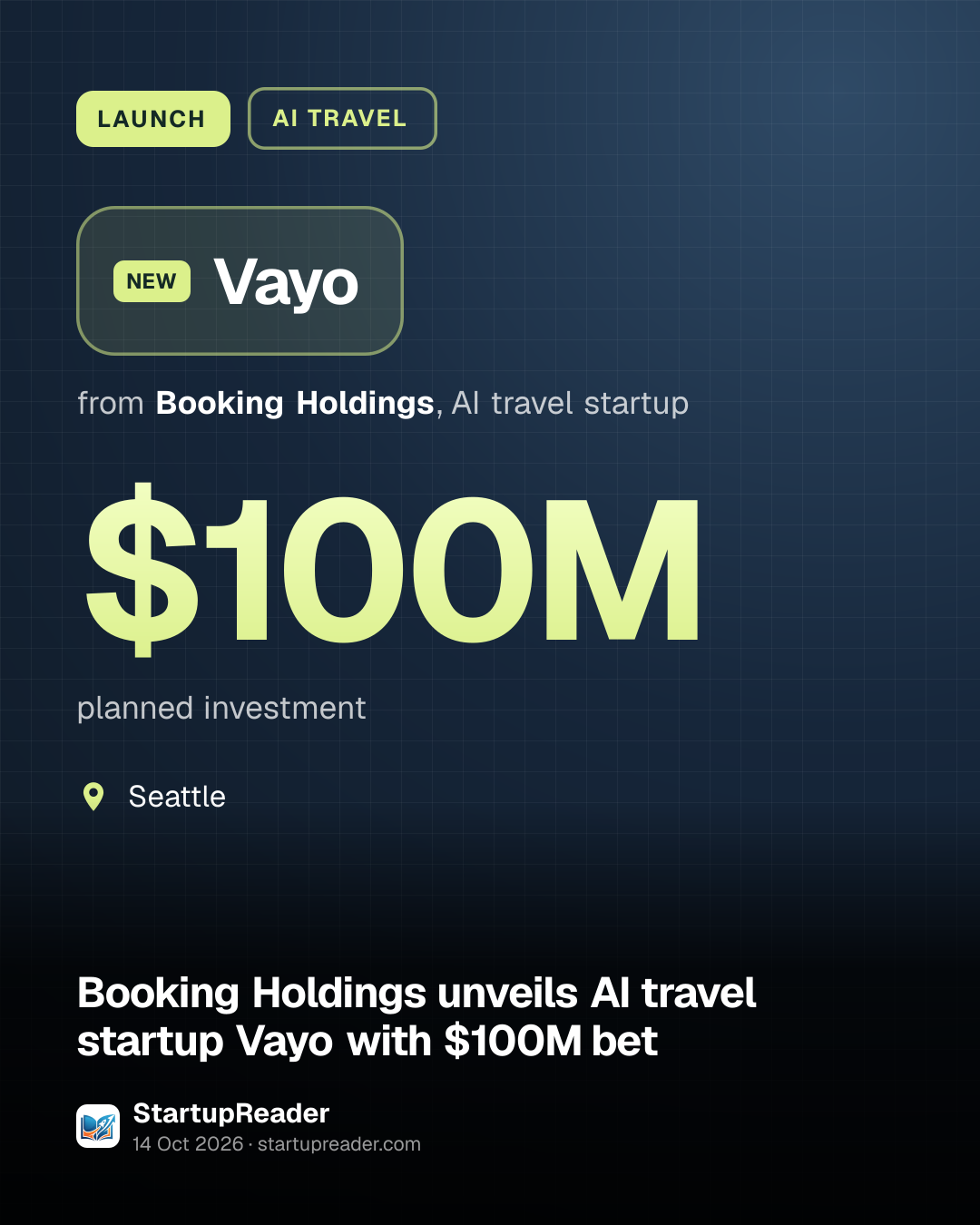 LAUNCH. Vayo from Booking Holdings, AI travel startup. $100M planned investment. Seattle.