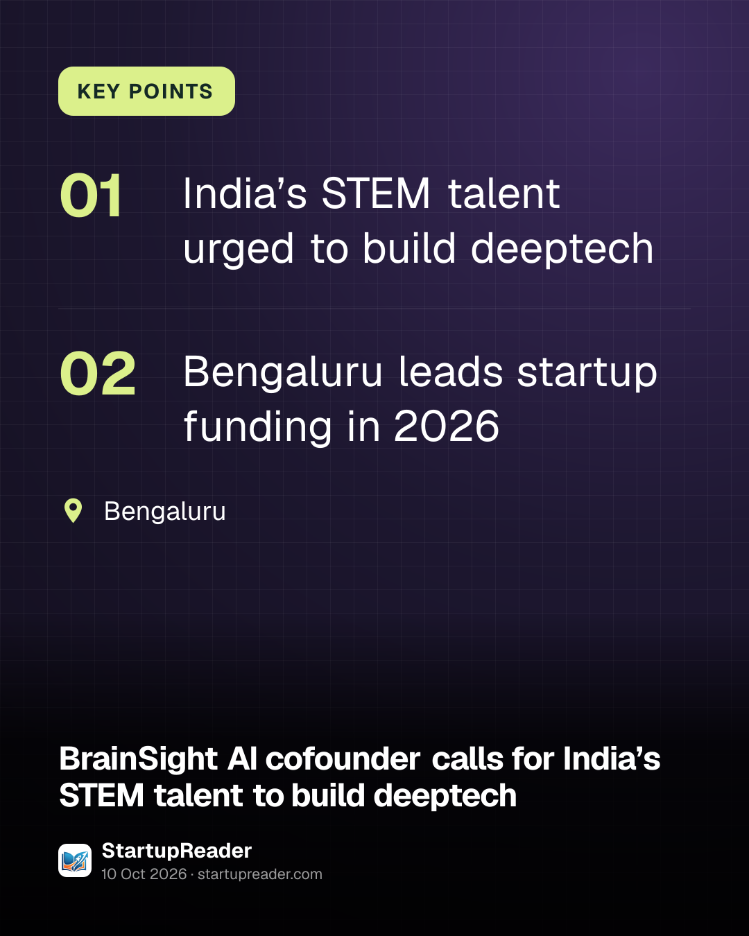 KEY POINTS. India’s STEM talent urged to build deeptech; Bengaluru leads startup funding in 2026. Bengaluru.
