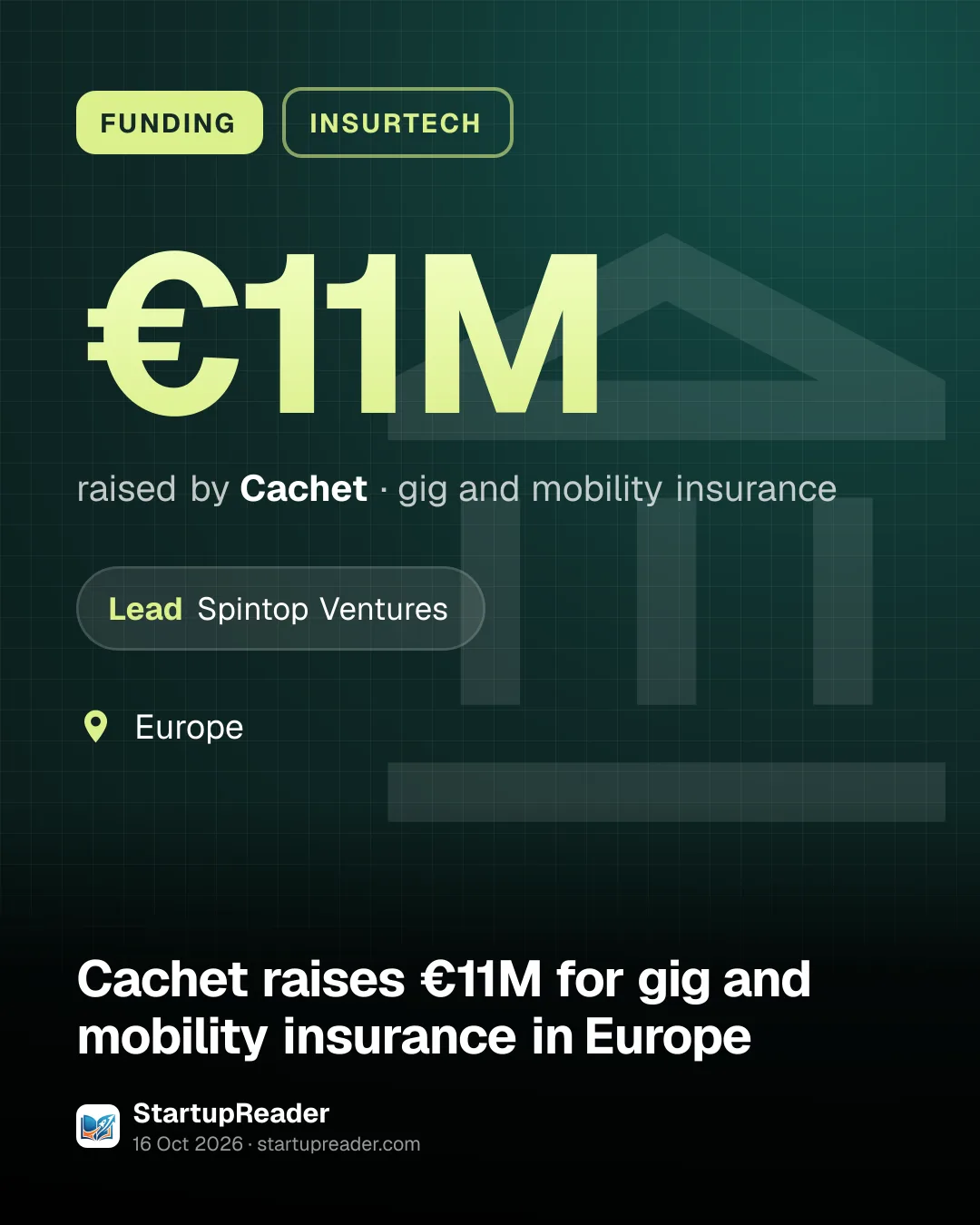 FUNDING. €11M raised by Cachet, gig and mobility insurance. led by Spintop Ventures. Europe.
