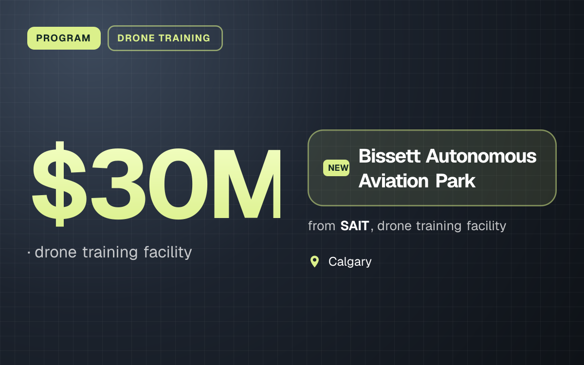 PROGRAM. $30M, drone training facility. Bissett Autonomous Aviation Park from SAIT, drone training facility. Calgary.