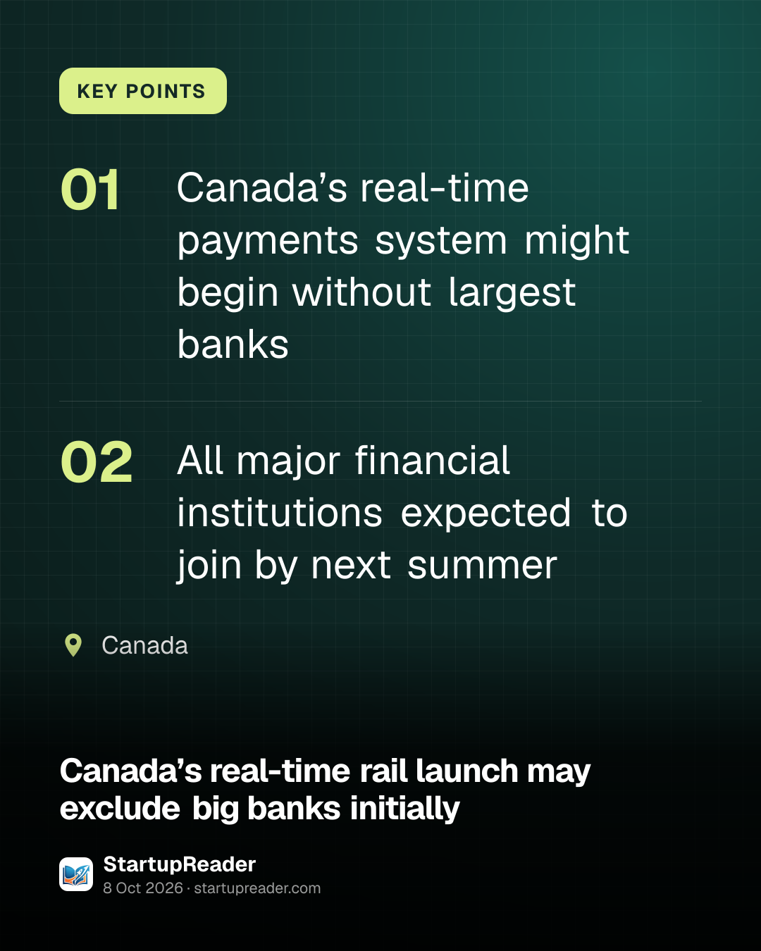 KEY POINTS. Canada’s real-time payments system might begin without largest banks; All major financial institutions expected to join by next summer. Canada.