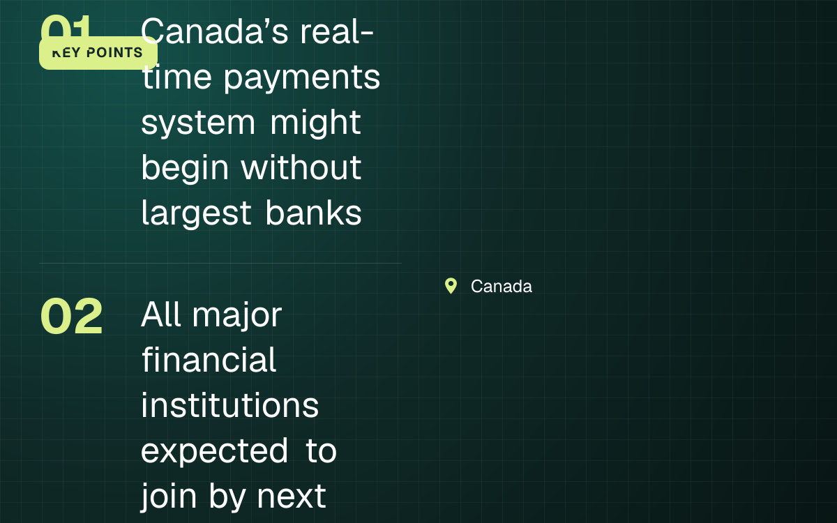 KEY POINTS. Canada’s real-time payments system might begin without largest banks; All major financial institutions expected to join by next summer. Canada.