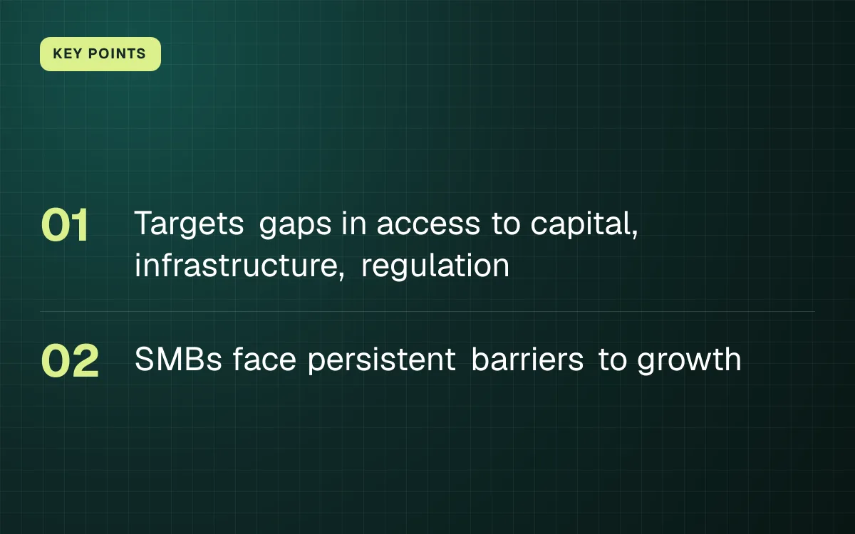 KEY POINTS. Targets gaps in access to capital, infrastructure, regulation; SMBs face persistent barriers to growth.