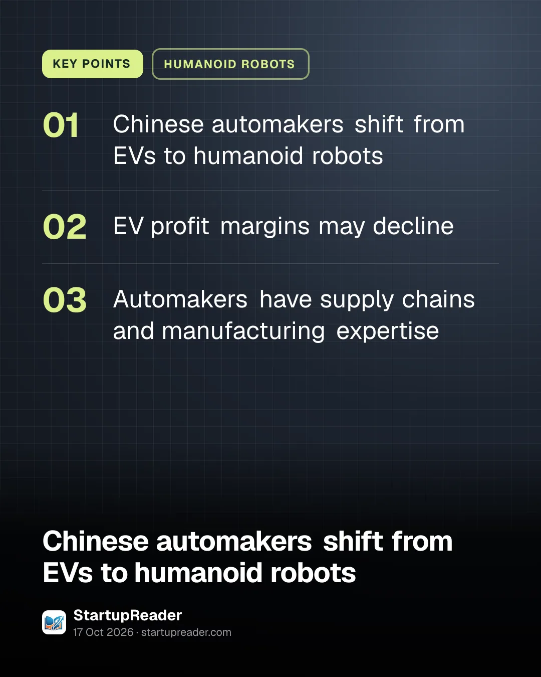 KEY POINTS. Chinese automakers shift from EVs to humanoid robots; EV profit margins may decline; Automakers have supply chains and manufacturing expertise.