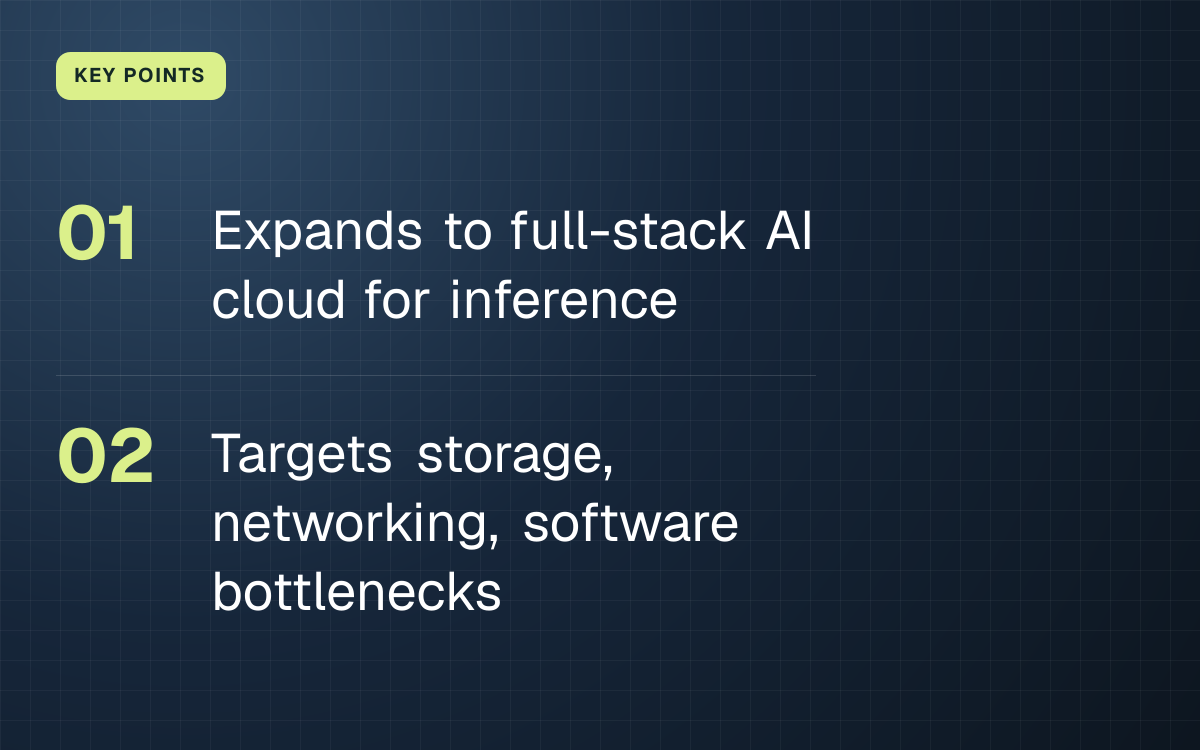 KEY POINTS. Expands to full-stack AI cloud for inference; Targets storage, networking, software bottlenecks.