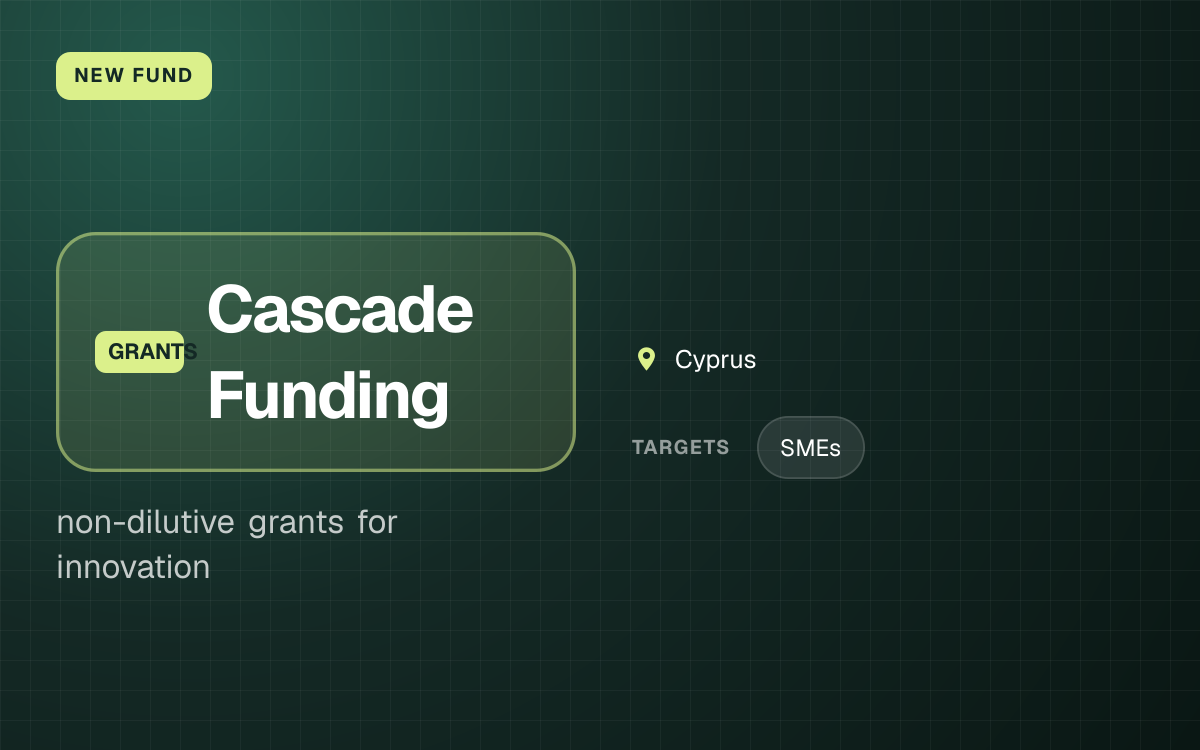 NEW FUND. Cascade Funding, non-dilutive grants for innovation. Cyprus. targets: SMEs.