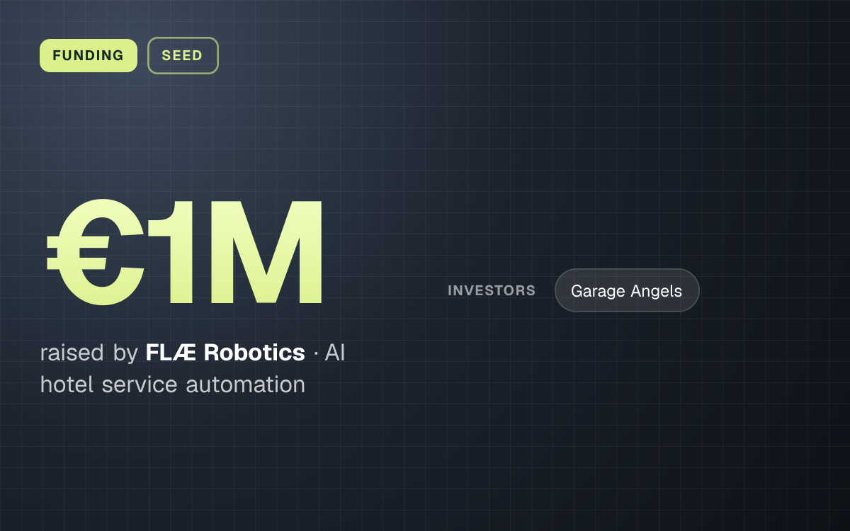 FUNDING. €1M raised by FLÆ Robotics, AI hotel service automation. investors: Garage Angels.