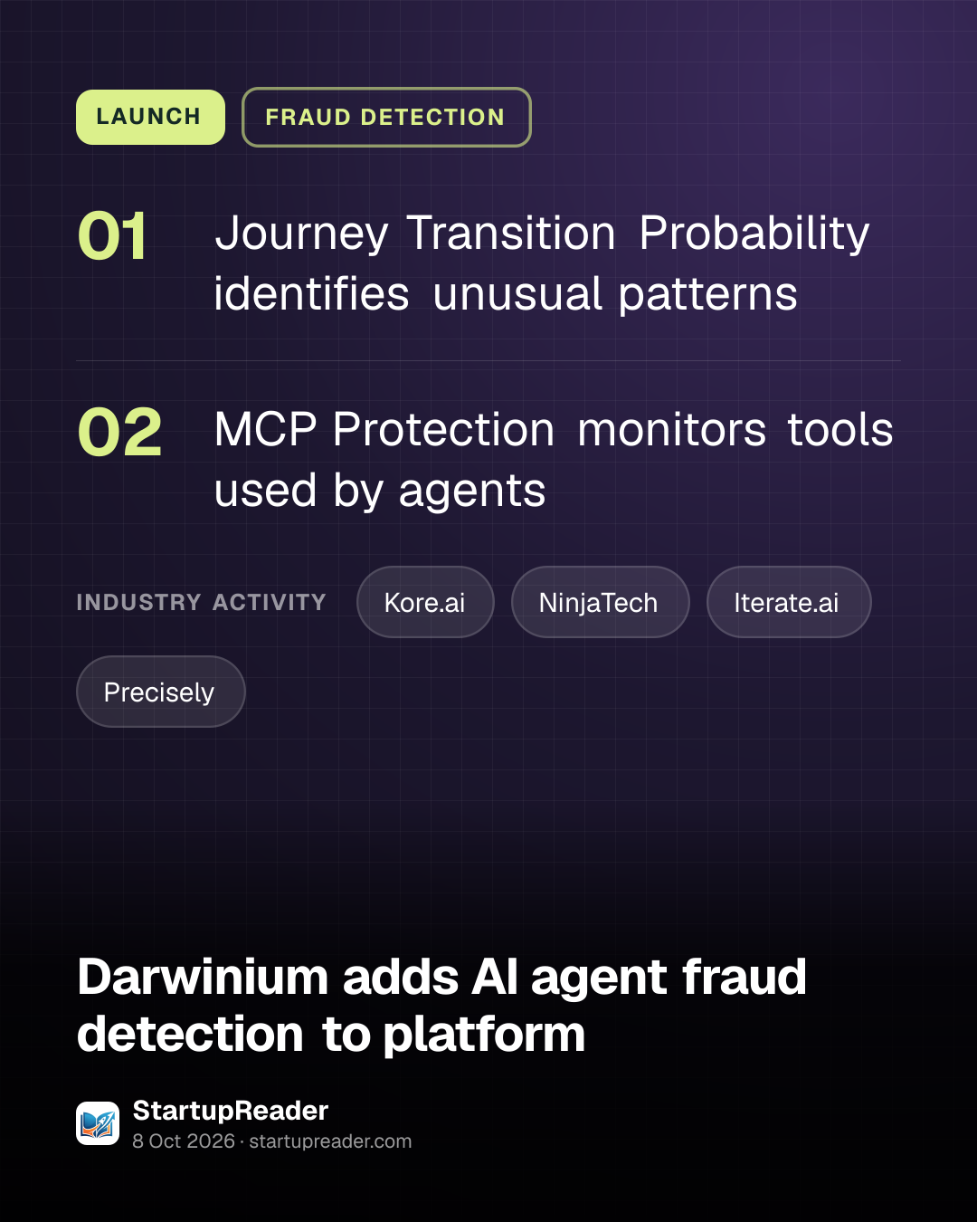 LAUNCH. Journey Transition Probability identifies unusual patterns; MCP Protection monitors tools used by agents. industry activity: Kore.ai, NinjaTech, Iterate.ai, Precisely.