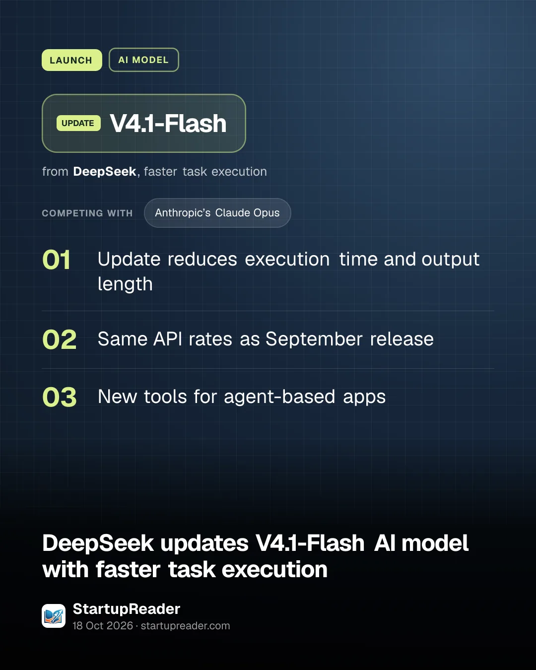 LAUNCH. V4.1-Flash from DeepSeek, faster task execution. competing with: Anthropic’s Claude Opus. Update reduces execution time and output length; Same API rates as September release; New tools for agent-based apps.