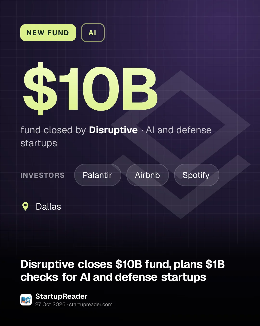 NEW FUND. $10B fund closed by Disruptive, AI and defense startups. investors: Palantir, Airbnb, Spotify. Dallas.