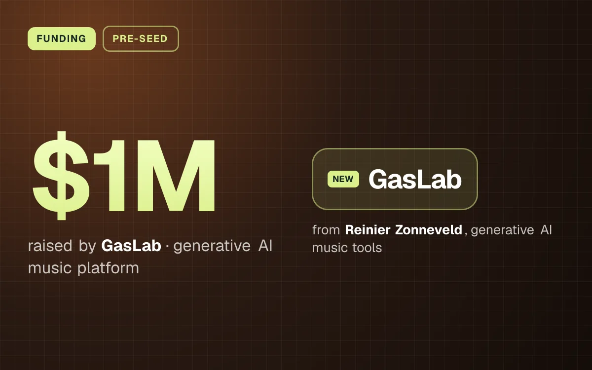 FUNDING. $1M raised by GasLab, generative AI music platform. GasLab from Reinier Zonneveld, generative AI music tools.