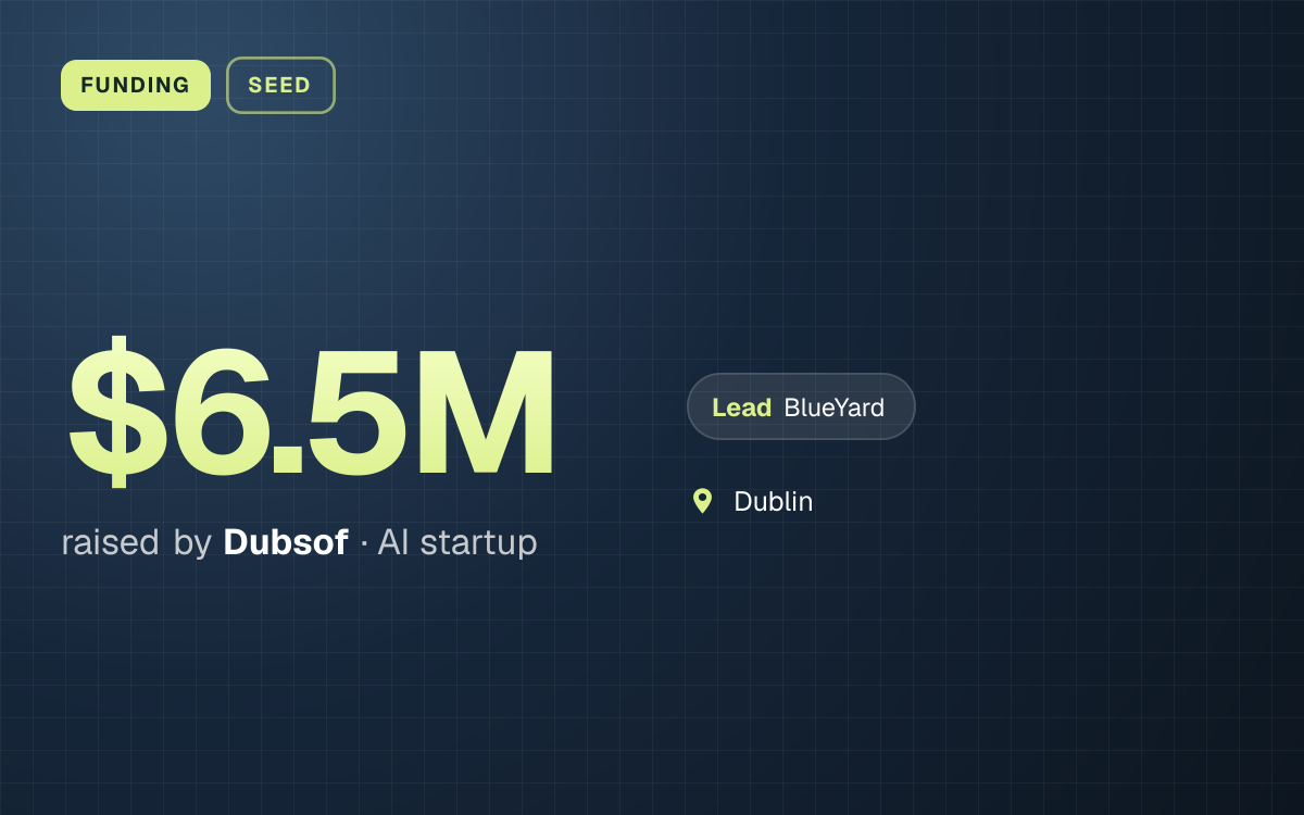 FUNDING. $6.5M raised by Dubsof, AI startup. led by BlueYard. Dublin.