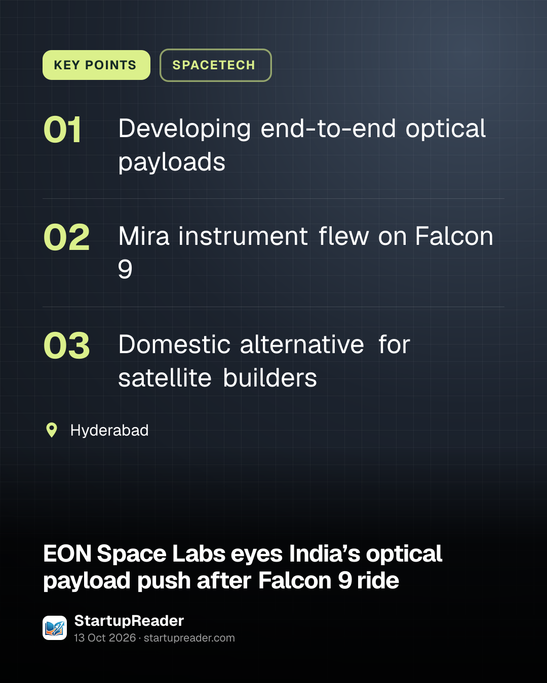 KEY POINTS. Developing end-to-end optical payloads; Mira instrument flew on Falcon 9; Domestic alternative for satellite builders. Hyderabad.