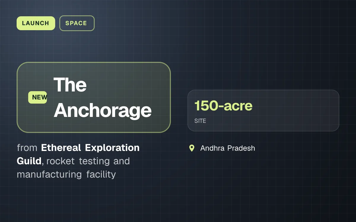 LAUNCH. The Anchorage from Ethereal Exploration Guild, rocket testing and manufacturing facility. 150-acre SITE. Andhra Pradesh.