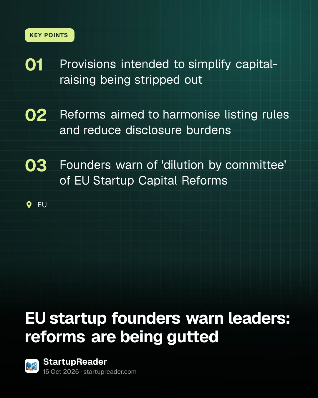 KEY POINTS. Provisions intended to simplify capital-raising being stripped out; Reforms aimed to harmonise listing rules and reduce disclosure burdens; Founders warn of 'dilution by committee' of EU Startup Capital Reforms. EU.