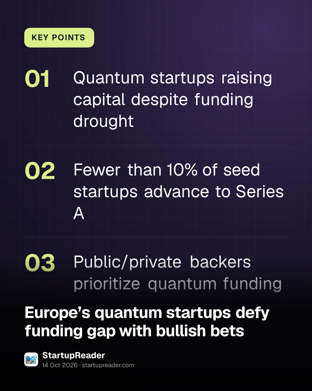 KEY POINTS. Quantum startups raising capital despite funding drought; Fewer than 10% of seed startups advance to Series A; Public/private backers prioritize quantum funding.