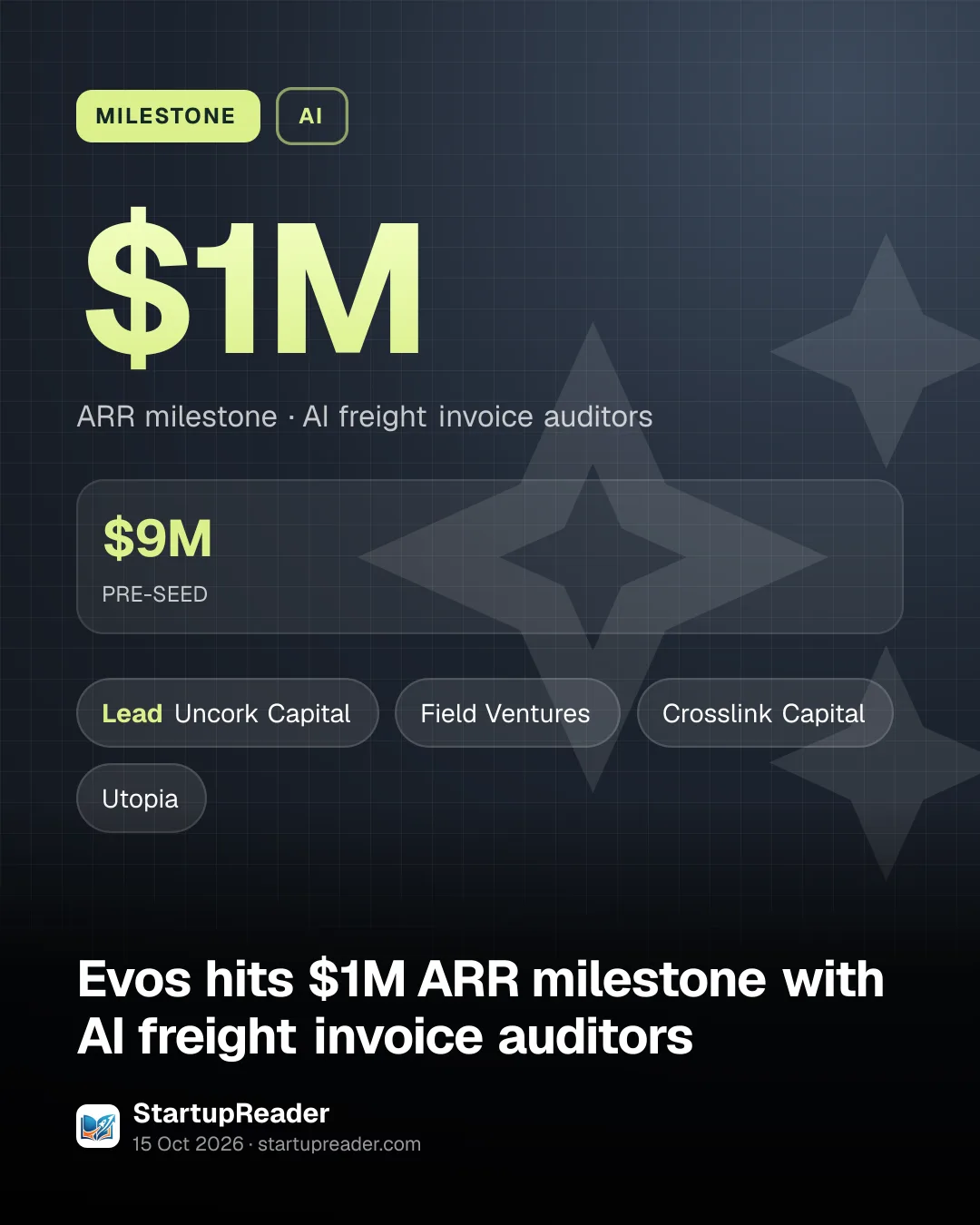 MILESTONE. $1M ARR milestone, AI freight invoice auditors. $9M PRE-SEED. led by Uncork Capital, Field Ventures, Crosslink Capital, Utopia.