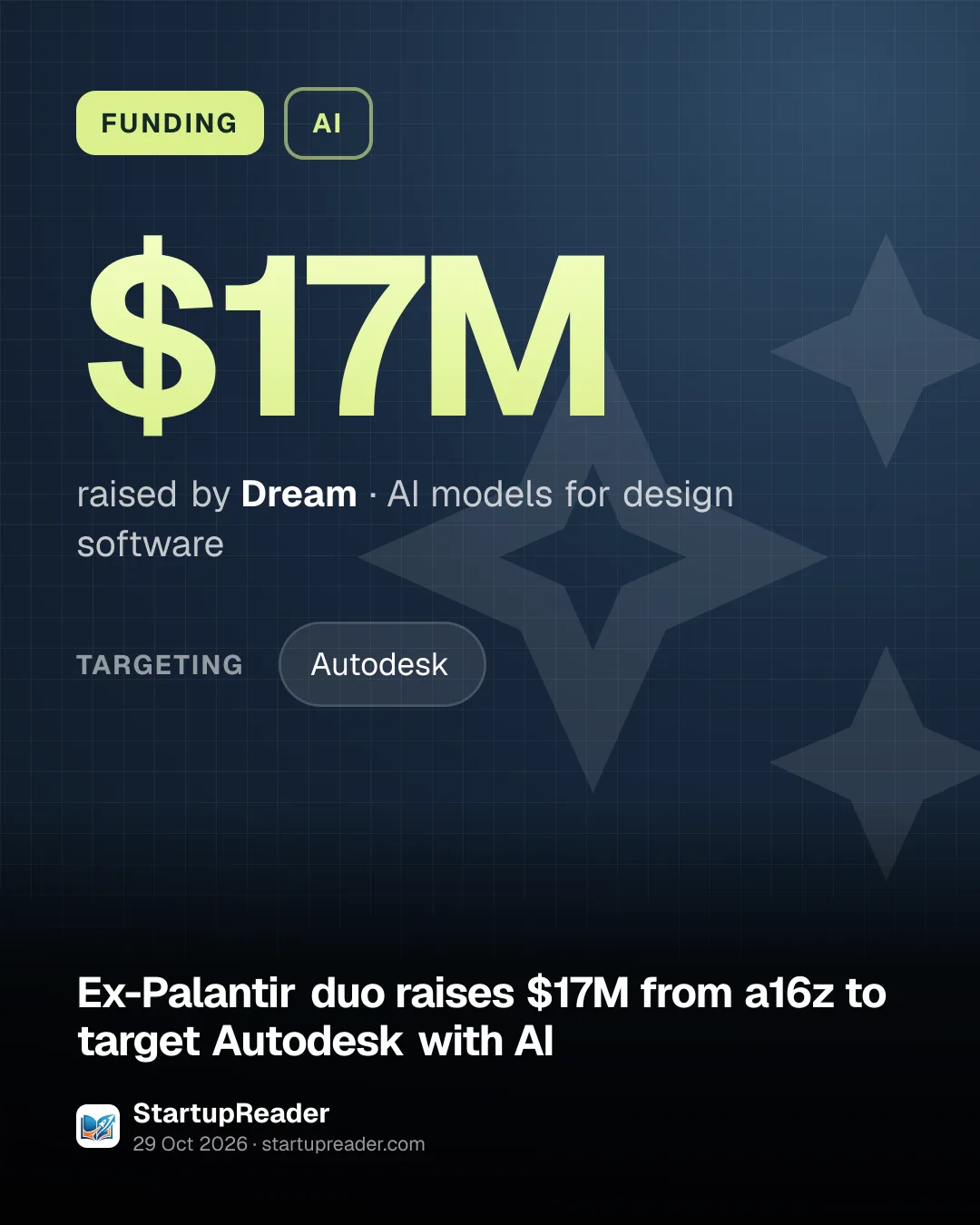 FUNDING. $17M raised by Dream, AI models for design software. targeting: Autodesk.