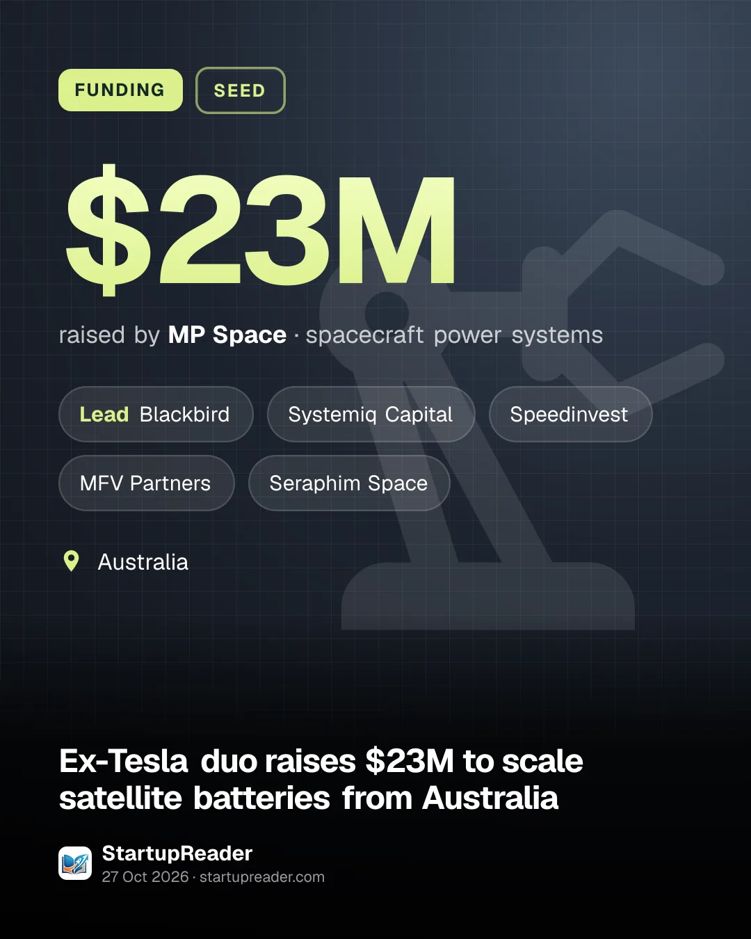 FUNDING. $23M raised by MP Space, spacecraft power systems. led by Blackbird, Systemiq Capital, Speedinvest, MFV Partners, Seraphim Space. Australia.