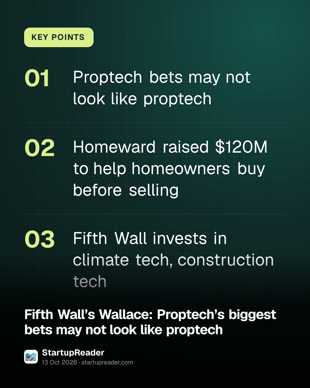 KEY POINTS. Proptech bets may not look like proptech; Homeward raised $120M to help homeowners buy before selling; Fifth Wall invests in climate tech, construction tech.