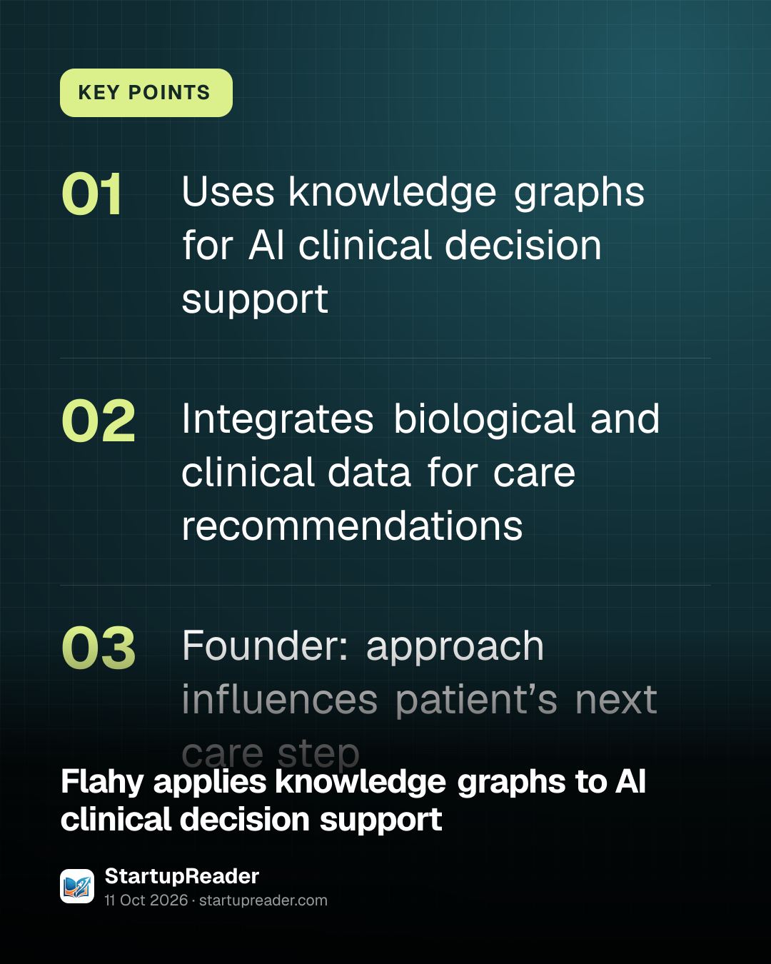 KEY POINTS. Uses knowledge graphs for AI clinical decision support; Integrates biological and clinical data for care recommendations; Founder: approach influences patient’s next care step.