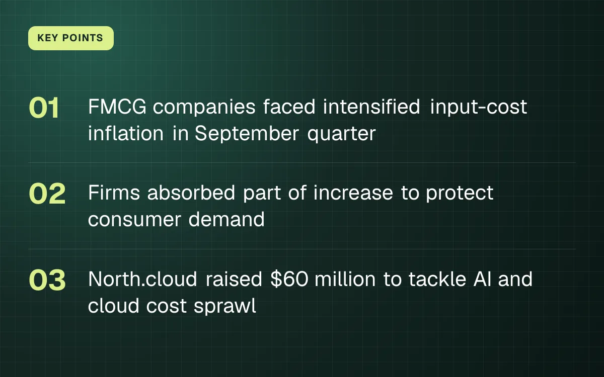 KEY POINTS. FMCG companies faced intensified input-cost inflation in September quarter; Firms absorbed part of increase to protect consumer demand; North.cloud raised $60 million to tackle AI and cloud cost sprawl.