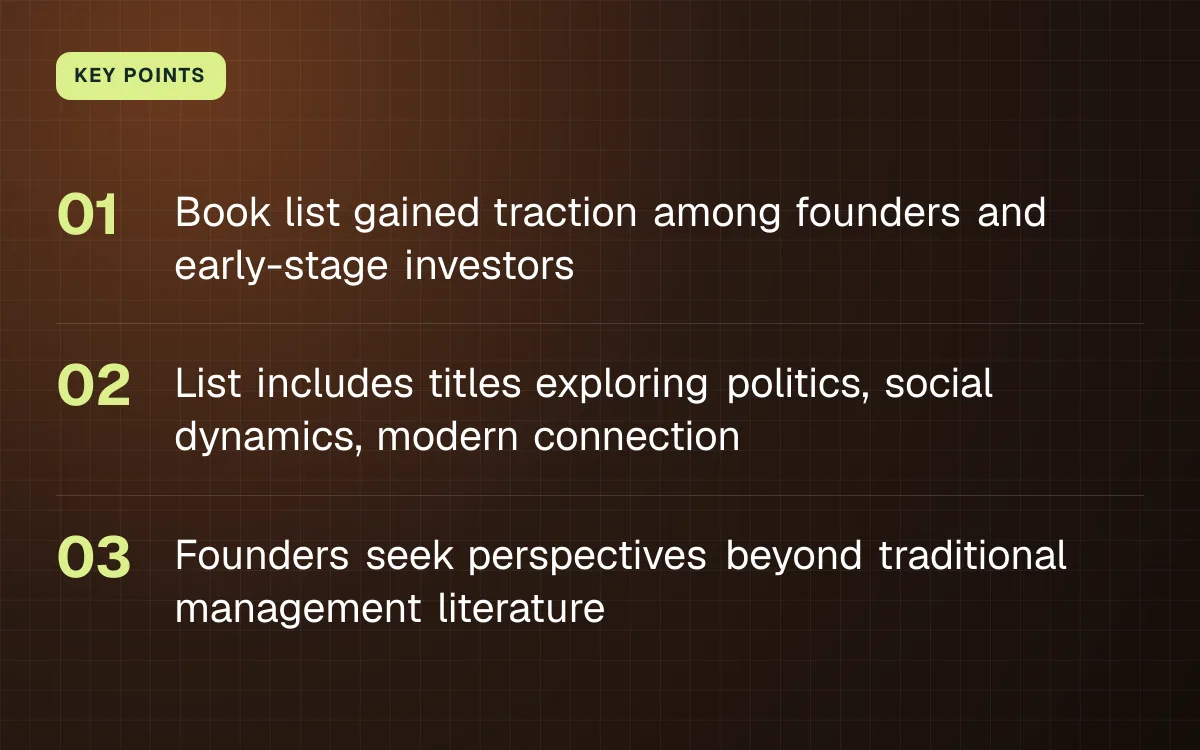 KEY POINTS. Book list gained traction among founders and early-stage investors; List includes titles exploring politics, social dynamics, modern connection; Founders seek perspectives beyond traditional management literature.