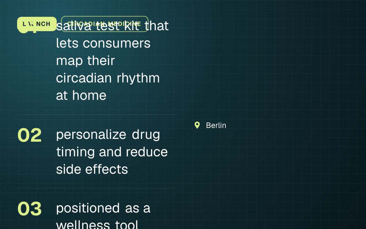 LAUNCH. saliva test kit that lets consumers map their circadian rhythm at home; personalize drug timing and reduce side effects; positioned as a wellness tool. Berlin.
