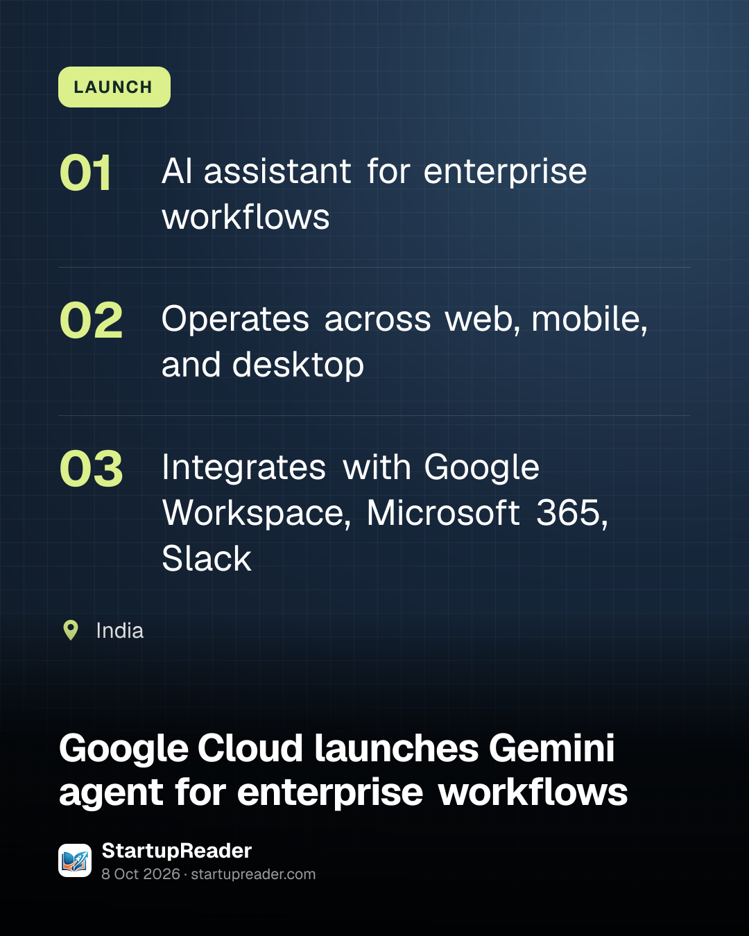 LAUNCH. AI assistant for enterprise workflows; Operates across web, mobile, and desktop; Integrates with Google Workspace, Microsoft 365, Slack. India.