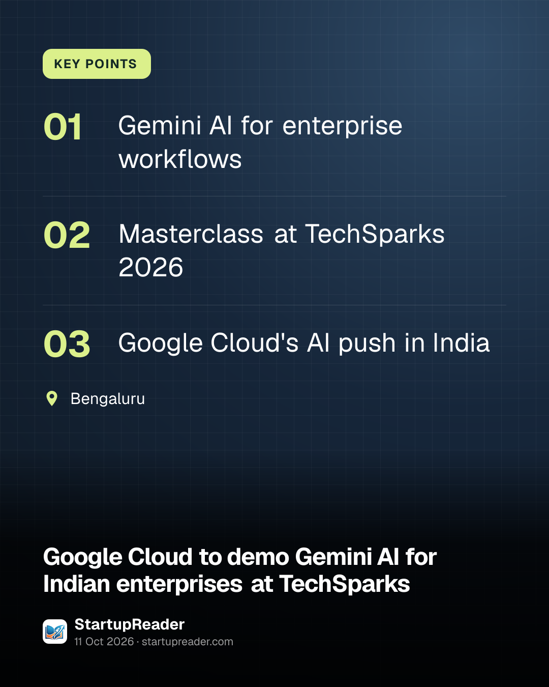 KEY POINTS. Gemini AI for enterprise workflows; Masterclass at TechSparks 2026; Google Cloud's AI push in India. Bengaluru.