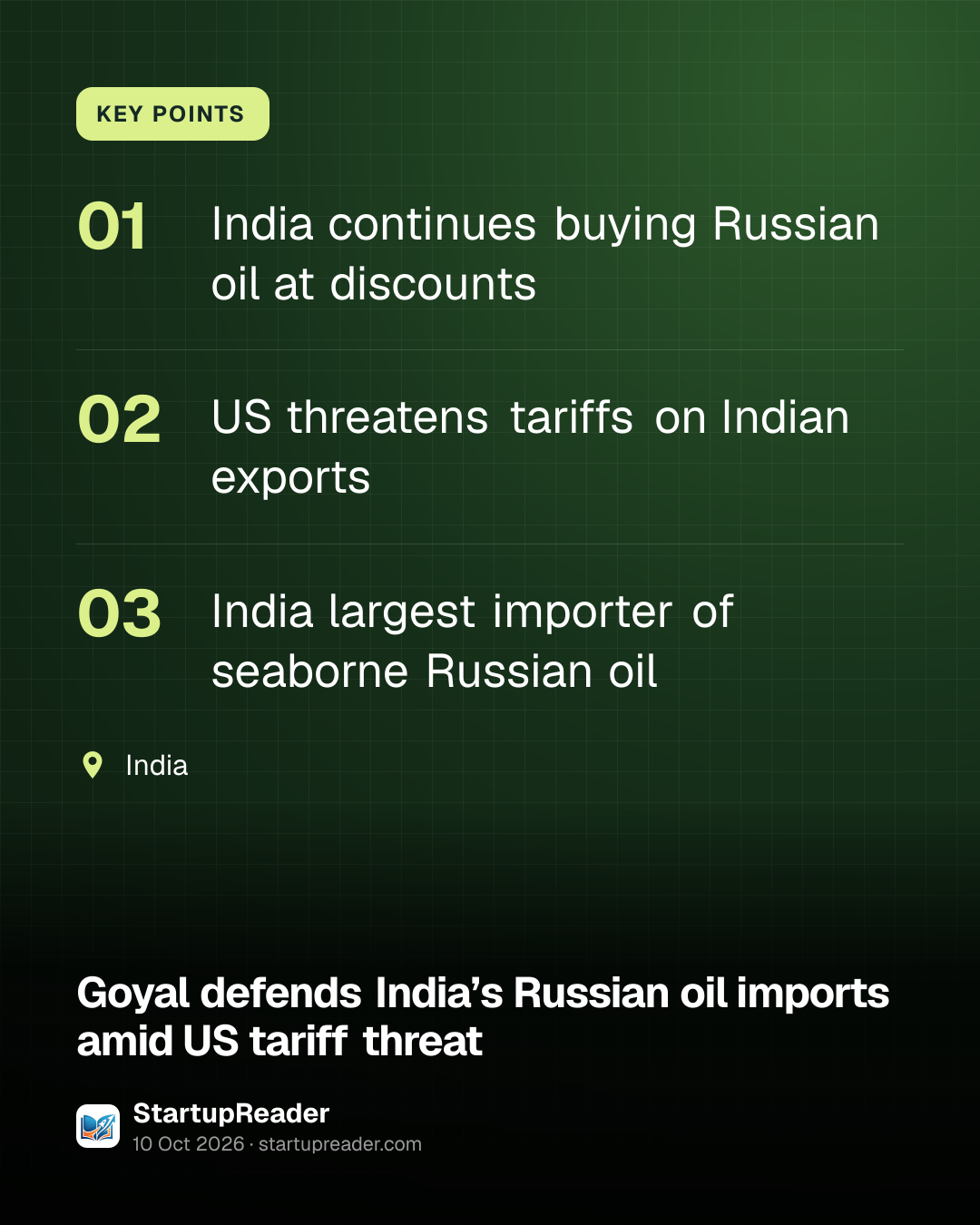 KEY POINTS. India continues buying Russian oil at discounts; US threatens tariffs on Indian exports; India largest importer of seaborne Russian oil. India.