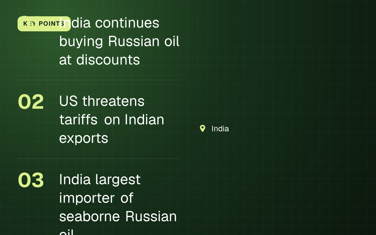 KEY POINTS. India continues buying Russian oil at discounts; US threatens tariffs on Indian exports; India largest importer of seaborne Russian oil. India.