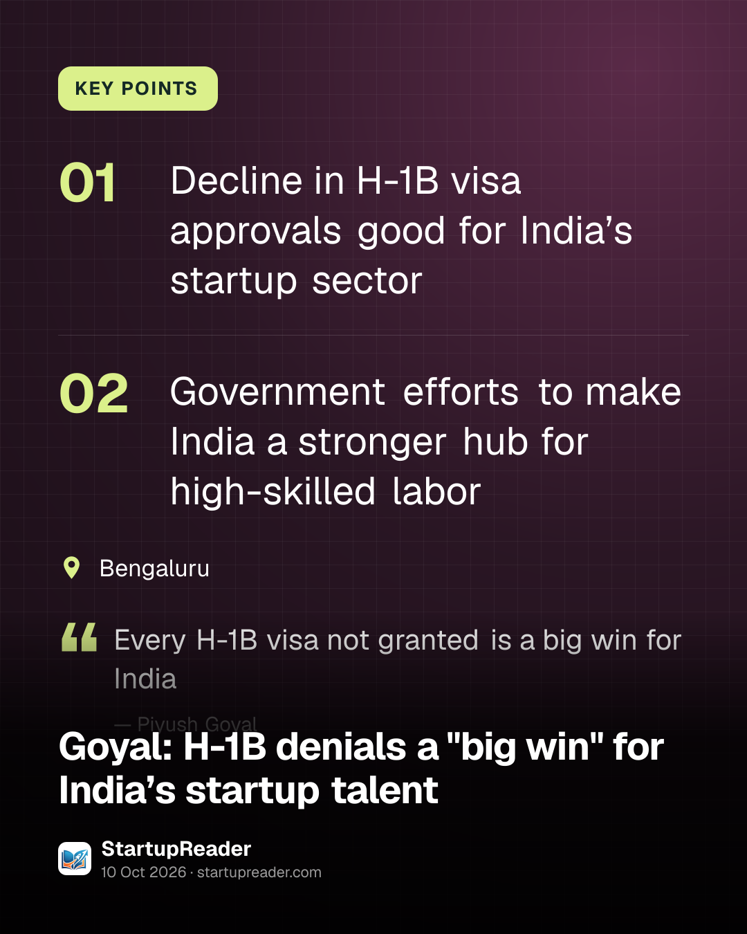 KEY POINTS. Decline in H-1B visa approvals good for India’s startup sector; Government efforts to make India a stronger hub for high-skilled labor. Bengaluru. “Every H-1B visa not granted is a big win for India” (Piyush Goyal).