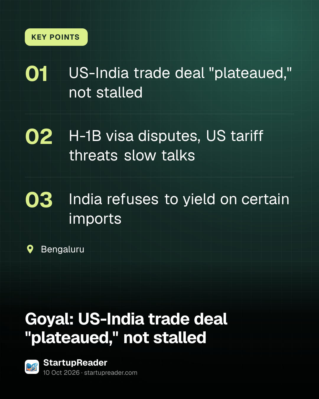 KEY POINTS. US-India trade deal "plateaued," not stalled; H-1B visa disputes, US tariff threats slow talks; India refuses to yield on certain imports. Bengaluru.