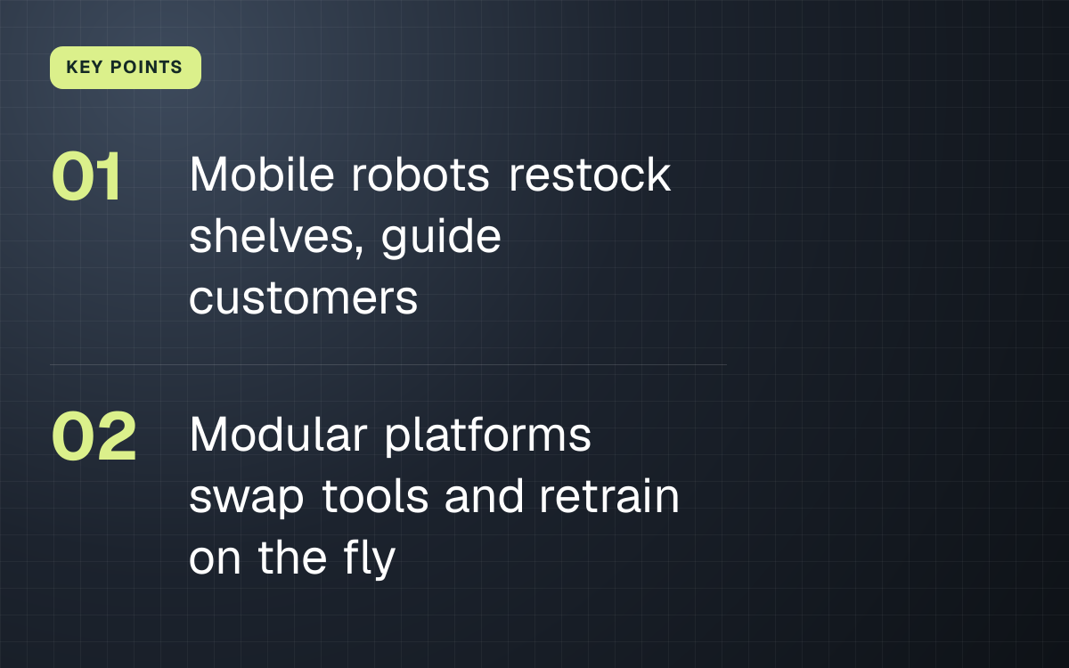 KEY POINTS. Mobile robots restock shelves, guide customers; Modular platforms swap tools and retrain on the fly.