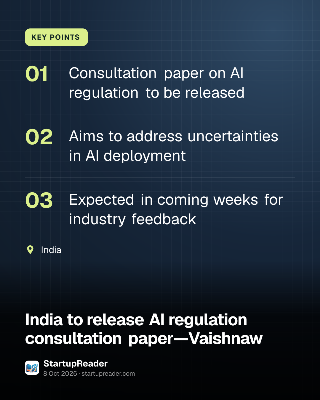 KEY POINTS. Consultation paper on AI regulation to be released; Aims to address uncertainties in AI deployment; Expected in coming weeks for industry feedback. India.