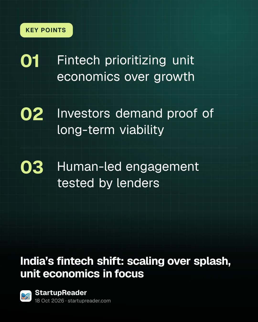 KEY POINTS. Fintech prioritizing unit economics over growth; Investors demand proof of long-term viability; Human-led engagement tested by lenders.