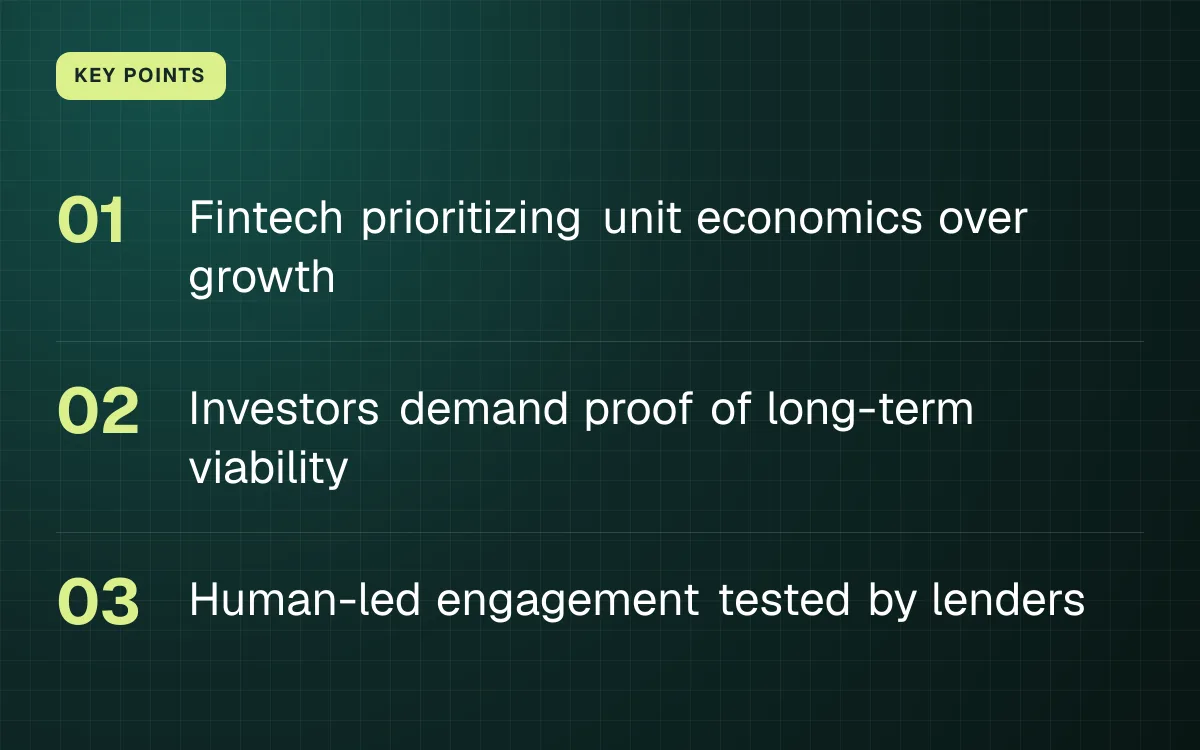 KEY POINTS. Fintech prioritizing unit economics over growth; Investors demand proof of long-term viability; Human-led engagement tested by lenders.