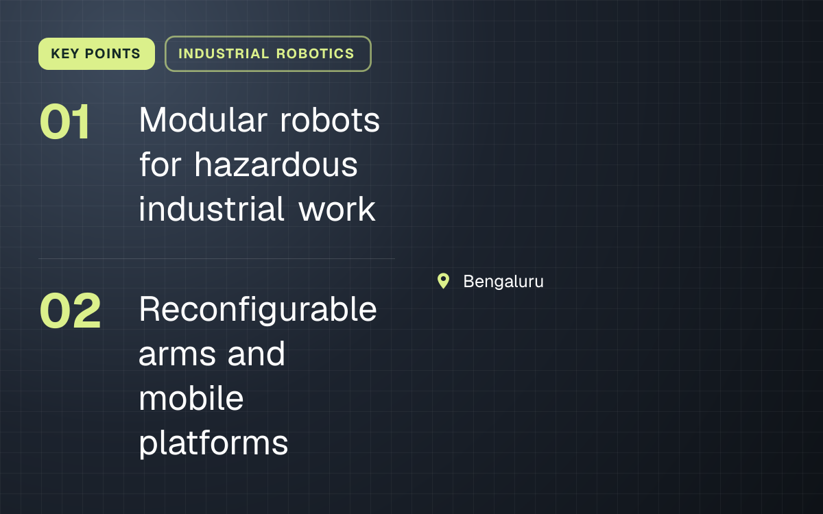 KEY POINTS. Modular robots for hazardous industrial work; Reconfigurable arms and mobile platforms. Bengaluru.