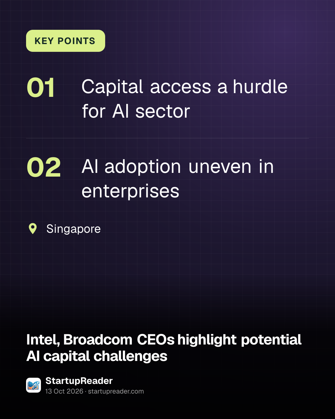 KEY POINTS. Capital access a hurdle for AI sector; AI adoption uneven in enterprises. Singapore.