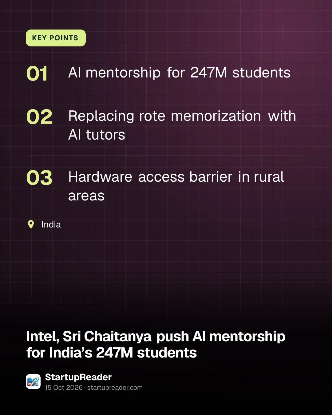 KEY POINTS. AI mentorship for 247M students; Replacing rote memorization with AI tutors; Hardware access barrier in rural areas. India.